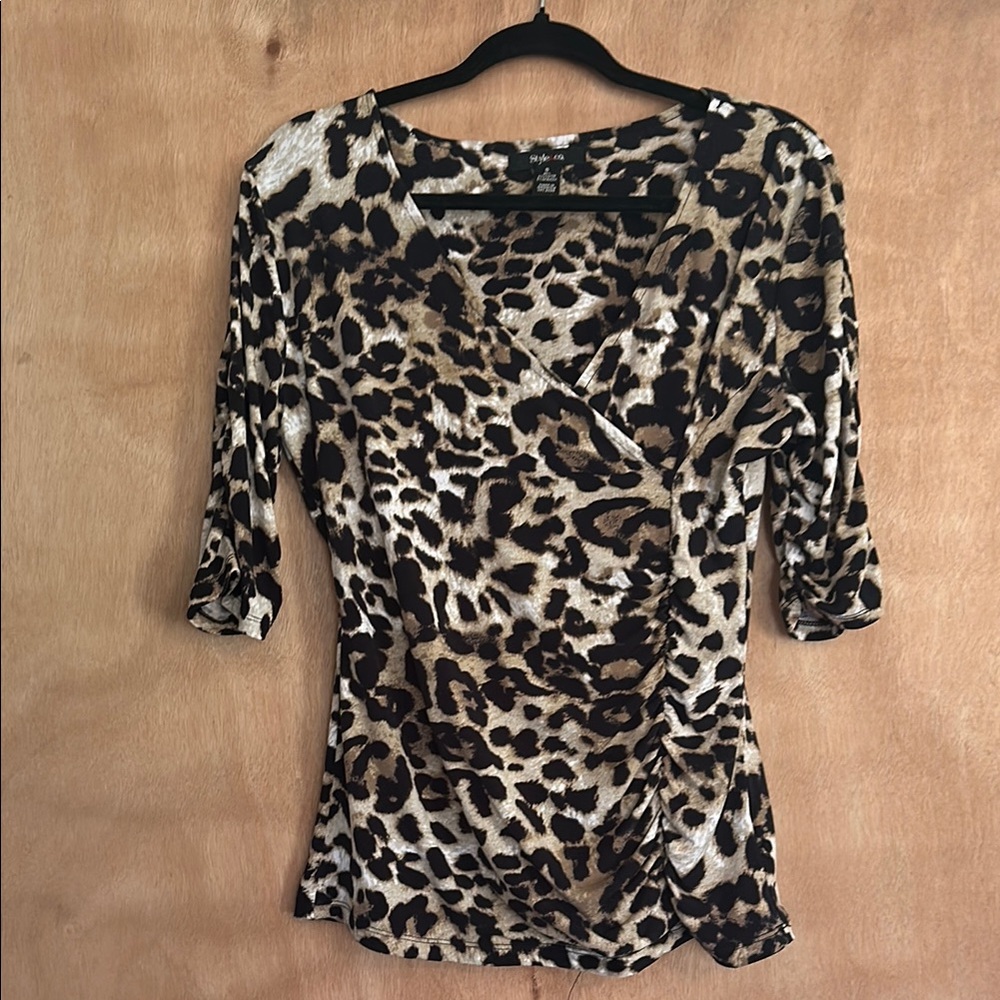 Black and White Wrap Blouse with 3/4 Sleeves